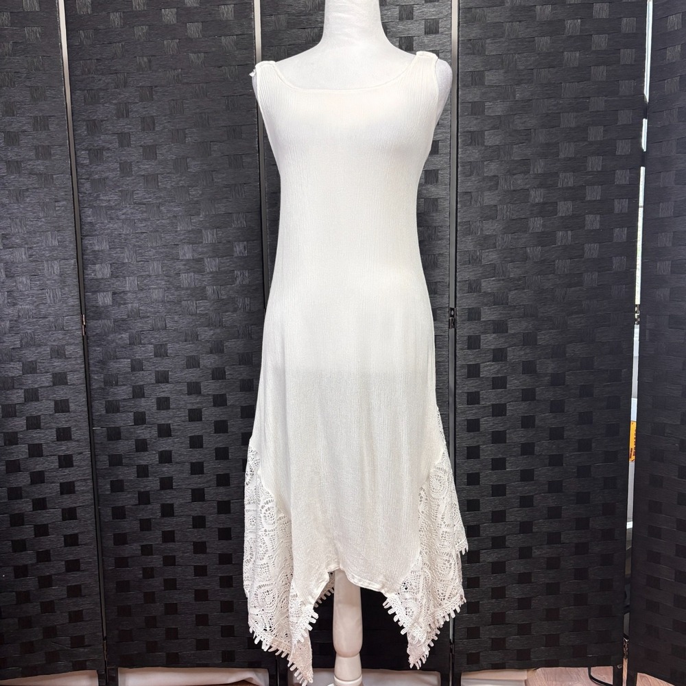 Sleeveless Beach Dress Crocheted Lace Straps Sz S Asymmetric Grad Ethereal Bride - Picture 2 of 14